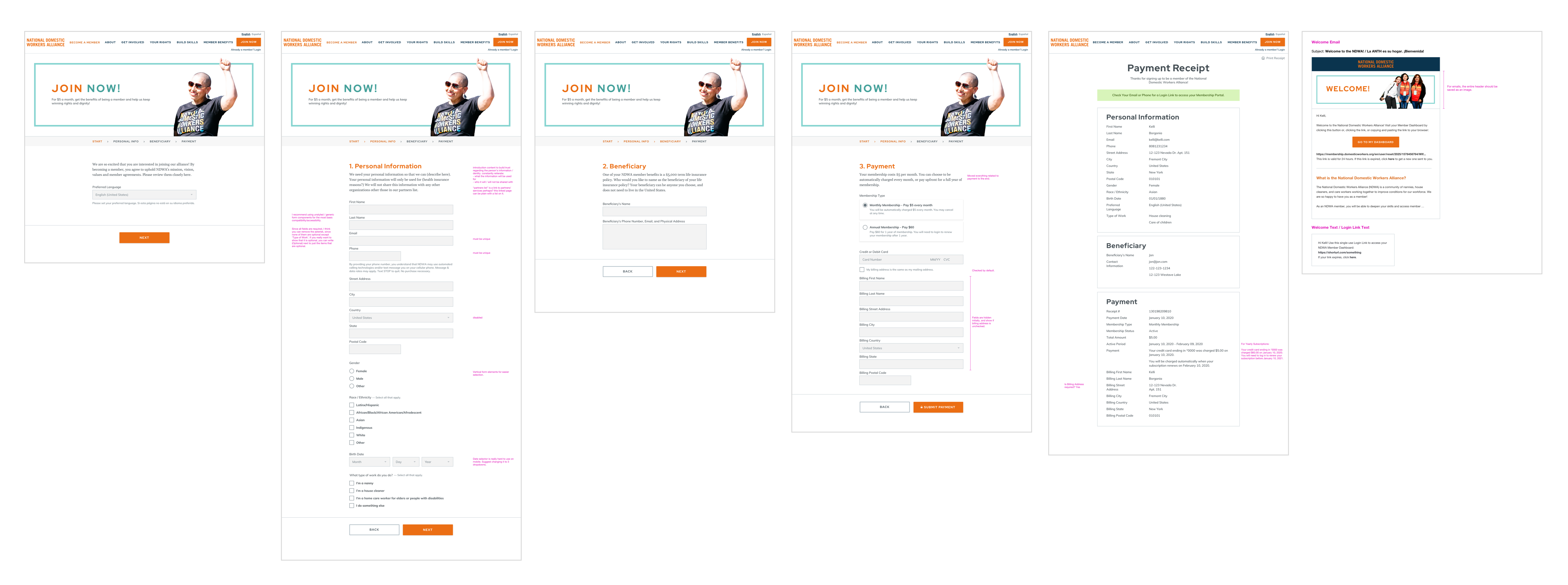 High-fidelity mockups for the desktop sign up user flow.