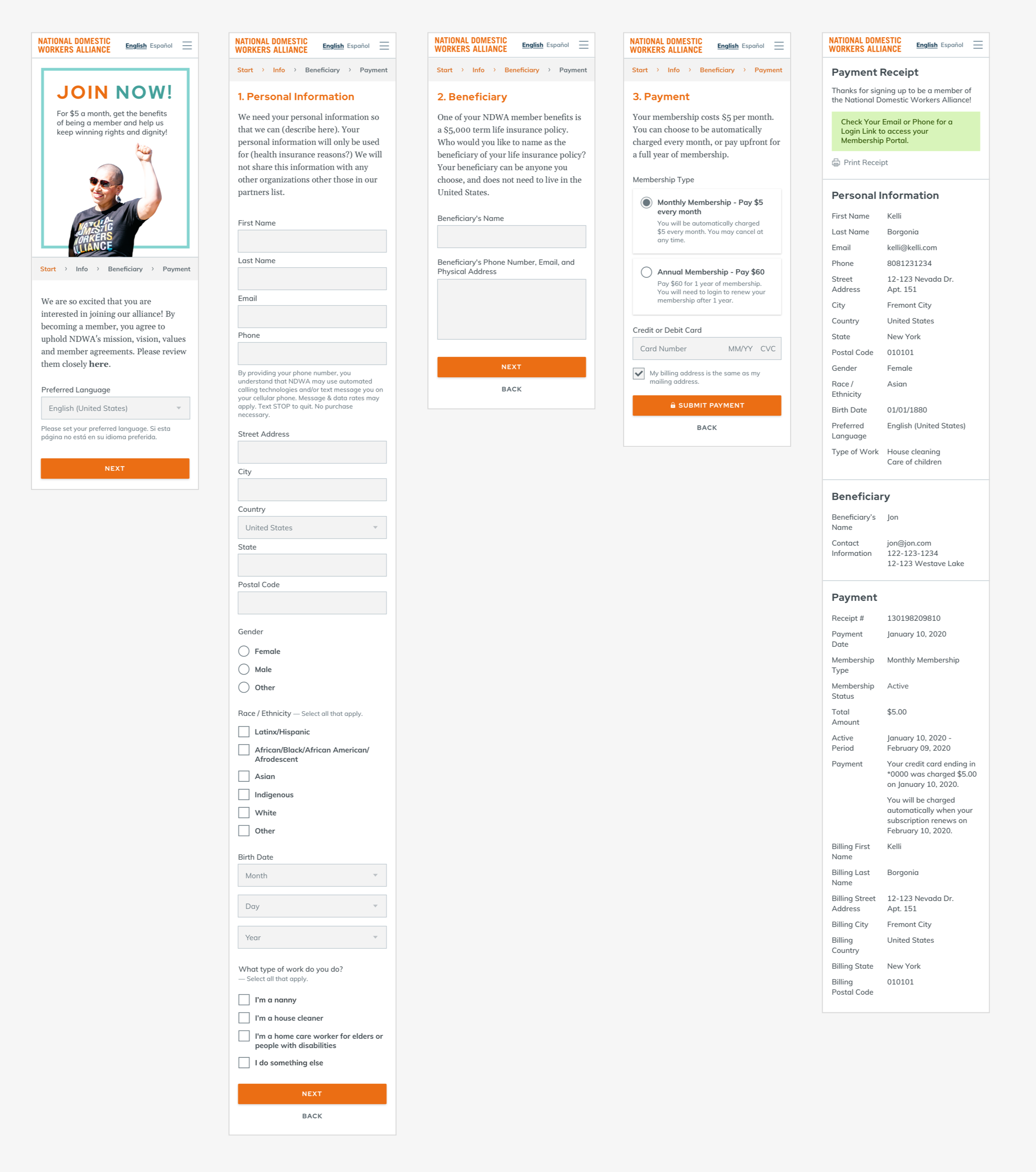 High-fidelity mockups for the mobile sign up user flow.
