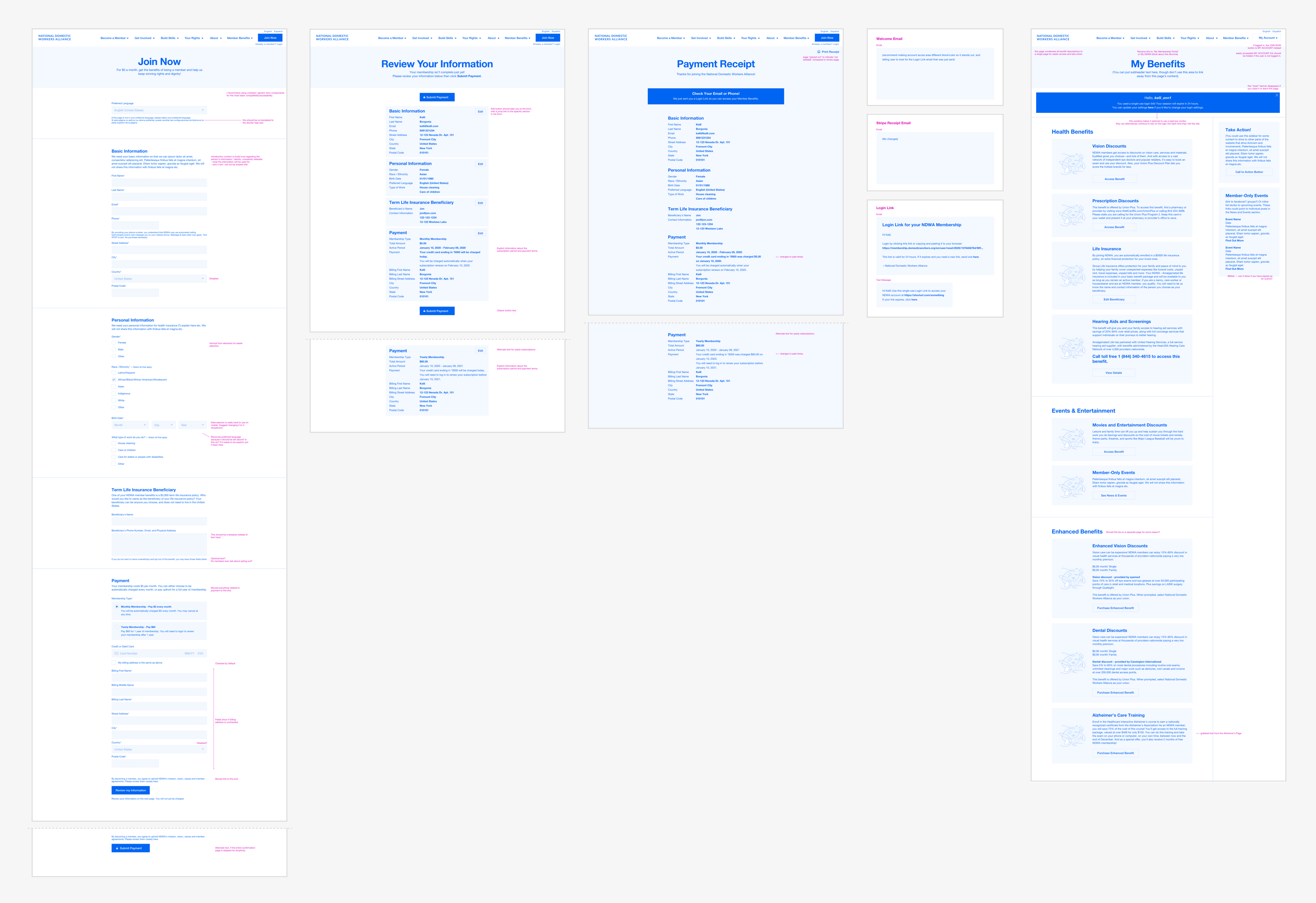 Mid-fidelity wireframes for the new sign up user flow.